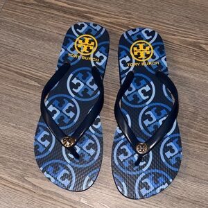 Tory Burch Thin Flip Flop Mixed Logo Blue Sandals Size 6